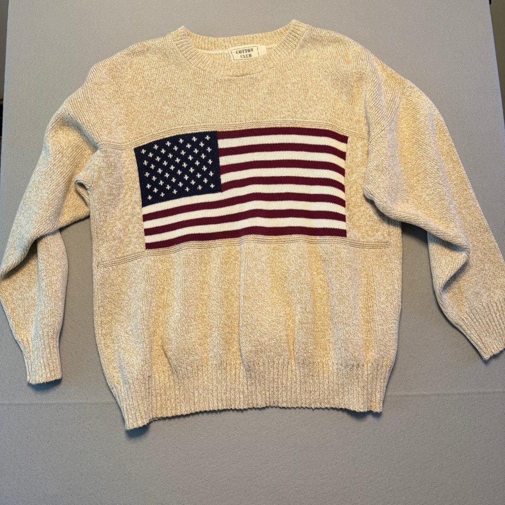 Cotton Club Vintage American Flag Knit Sweater Tan Patriotic Women Large